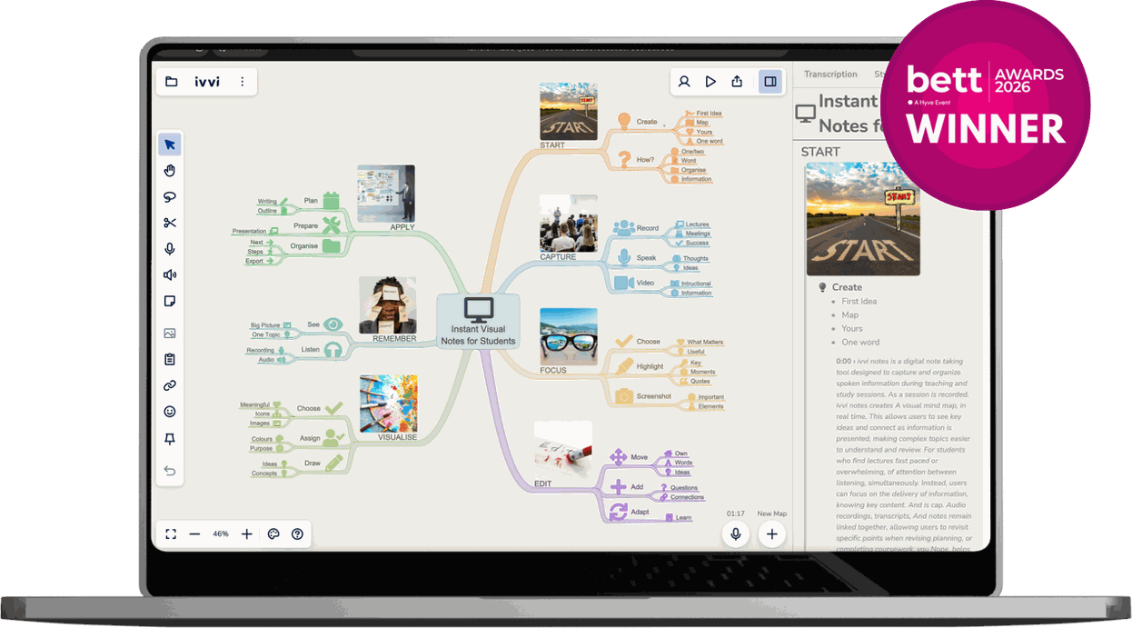 ivvi on a laptop, with lecture notes organised into a colourful mind map, and the Bett Awards 2026 winner badge
